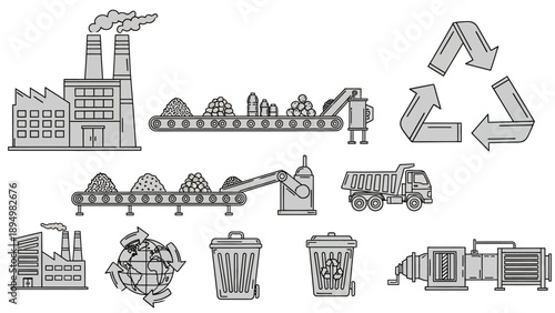 Industrial Waste Management Process Icons Set.