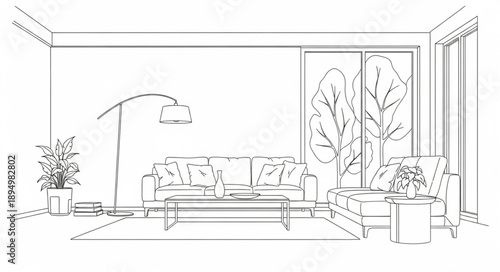 Modern living room sketch with sofa and plants.