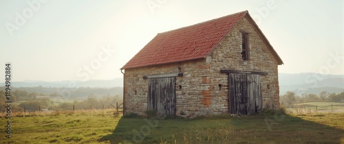 Old stone barn featuring we...