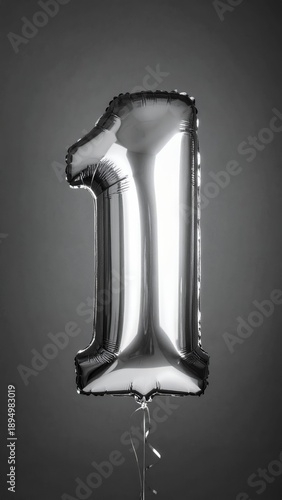 Shiny Silver Number One Balloon Floating Against a Dark Background.