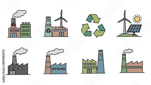 Sustainable Energy Icons and Industrial Landmarks.
