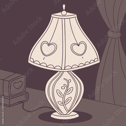Vintage style table lamp illustration with heart details
