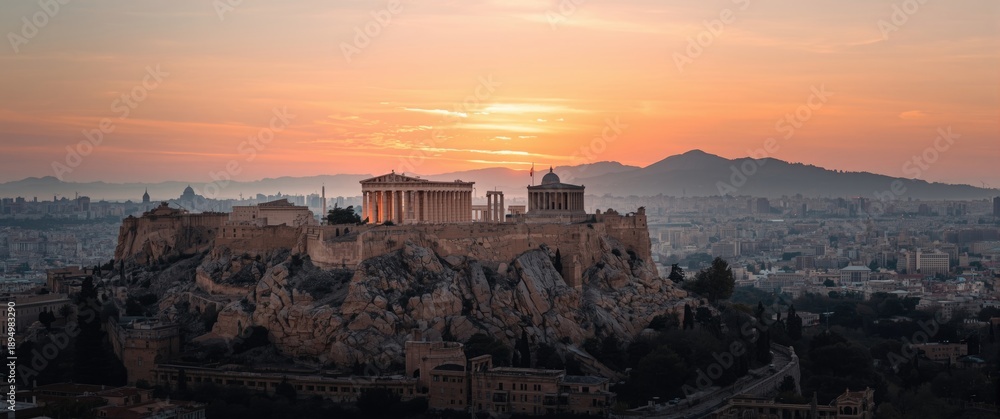 Fototapeta premium Sunset Drone Shot of Athens' Acropolis with Parthenon, Hekatompedon Temple, Zeus Polieus Sanctuary, Odeon of Herodes Atticus, and Erechtheion