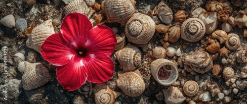 On their journey to a dream vacation, they were mesmerized by the colorful pink and red flowers embellishing the scenic sea, ocean, and nature, with decorative seashells enhancing the view