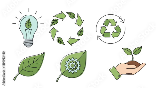 Sustainable Eco Friendly Green Energy Icons.