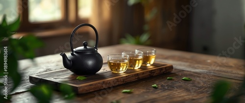 Wooden table with tea set a...
