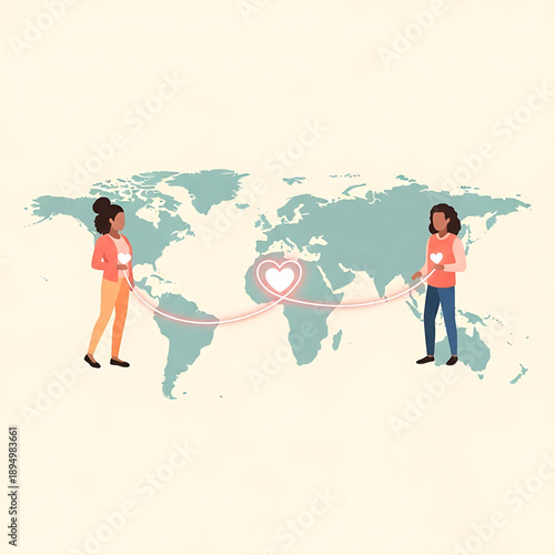 Global human connection illustration two individuals on a world map linked by a heart, representing empathy, distant relationships, and unity across continents