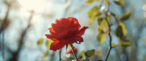 Detailed view of vibrant red rose flower blooming against a background of sky, summer, nature, tree, spring, love, landscape, light