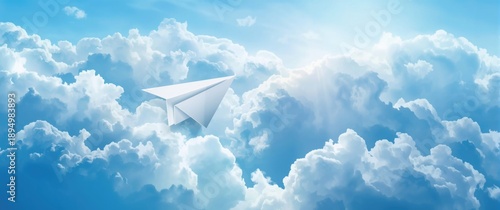 3D paper airplane surrounded by clouds representing online social network, business communication applications, marketing idea, trendy modern design, 3D rendering
