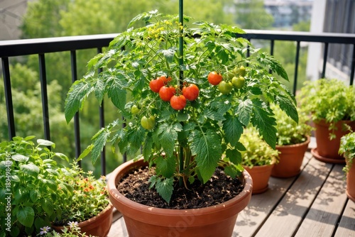 Balcony potted tomato plant displaying healthy foliage