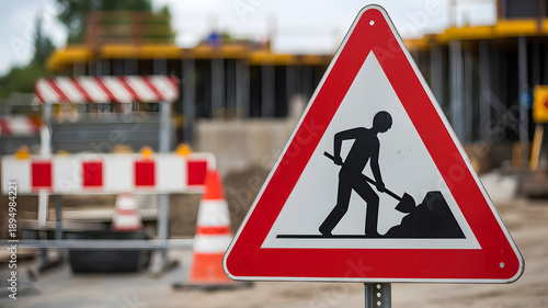A roadwork sign indicating construction ahead with a worker digging in the foreground and a blurred background of a building site.