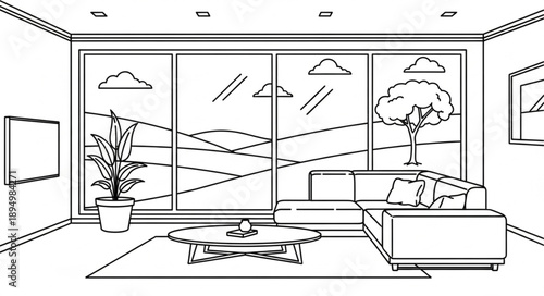Modern living room interior with large windows and scenic view.