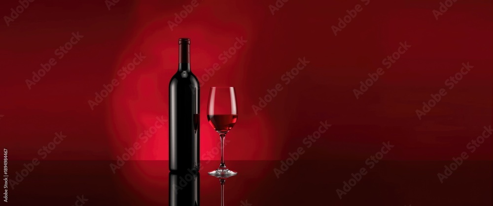 Obraz premium Bottle of red wine on a red backdrop, leaving room for your text