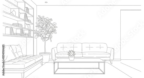 Modern living room sketch with furniture and plants.