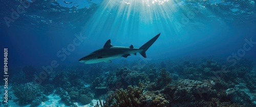 Wallpaper Mural In the blue ocean, a tiger shark swims gracefully. Diving with the fierce tiger sharks Torontodigital.ca