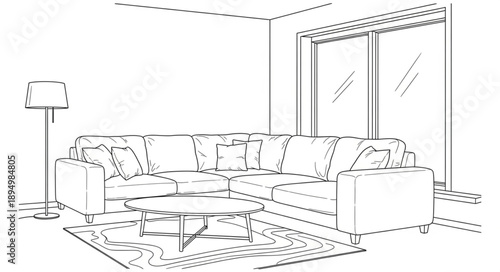 Modern living room sketch with sectional sofa and coffee table.