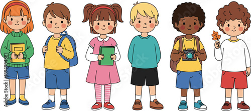 Cute children cartoon illustration, diverse kids standing together, school friends characters, happy childhood education concept, colorful flat vector isolated white