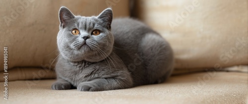 British Shorthair kitten at 9 months old lying on sofa