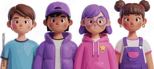 Diverse children portrait illustration, multicultural kids characters, friendship inclusion concept, cute cartoon style, colorful digital painting isolated white background vector