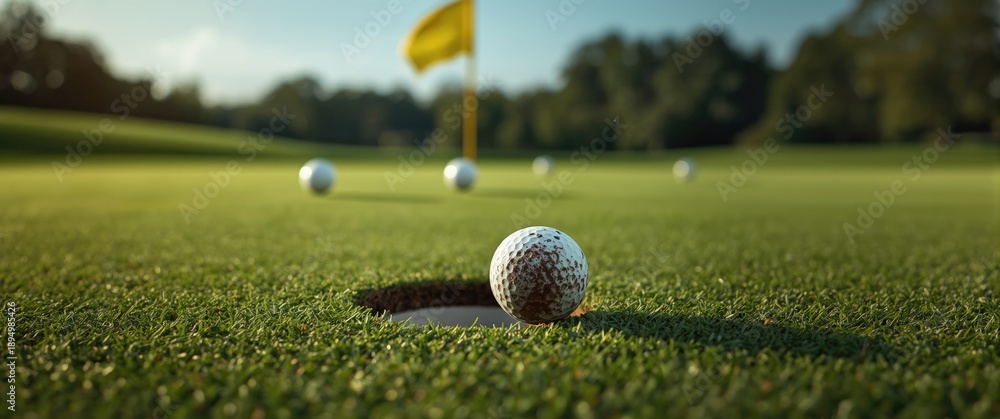 Obraz premium Dirty golf ball near the hole on putting green with two farther balls in view