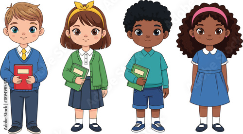 Diverse school children illustration, boys and girls holding books, multicultural students education concept, cute cartoon characters isolated vector, white background