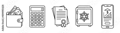 Finance icon set features a wallet with money, calculator, important documents, a safe, and a smartphone displaying financial data for use in a variety of financial or business-related projects.