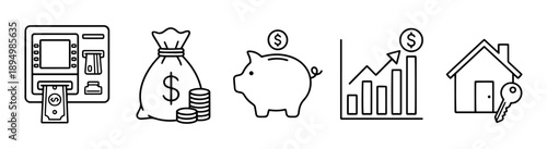 A minimalist illustration showcases financial growth, featuring an ATM, money bag, piggy bank, graph and a house with key, symbolizing savings and investments.