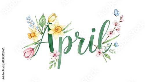 The word april is surrounded by flowers and leaves on black background.
