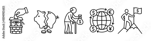 Financial icons in black lines illustrate investment, global economics, broken savings, and retirement planning, suitable for financial industry or retirement planning infographics.