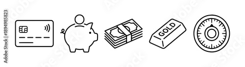 Line art depicting credit card, piggy bank, money, gold bar, and safe lock icon set, symbolizing finance, savings, wealth, and security.