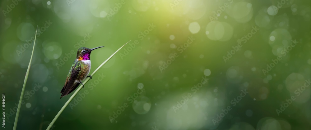 Fototapeta premium Speckled Hummingbird resting on plant stem against a green backdrop