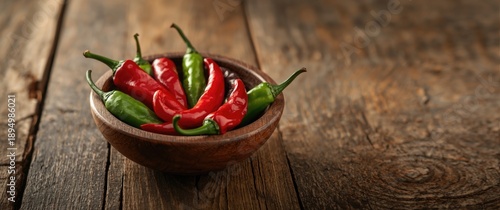 Bowl of chili peppers on wo...