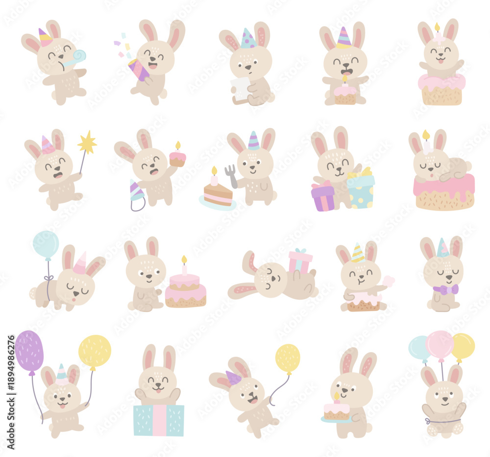 Fototapeta premium Rabbit birthday set in scandinavian style featuring cheerful characters celebrating party moments balloons cakes gifts invitations cards decorations holiday