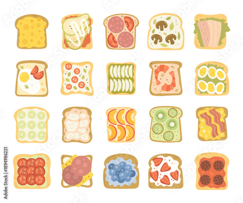 Breakfast toast set scandinavian style featuring assorted sandwich toppings ingredients cuisine meal bread slices fruits vegetables meat seafood dairy
