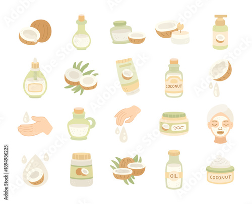 Coconut oil cosmetic spa set in scandinavian style featuring jar bottle drop cream mask hand face natural beauty products