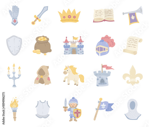 Middle ages set in scandinavian style featuring knight armor sword shield castle crown scroll banner torch horse helmet book flag