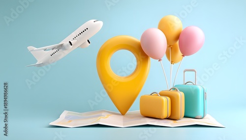 Modern travel concept illustration with airplane, location pin, and luggage representing booking and global journeys