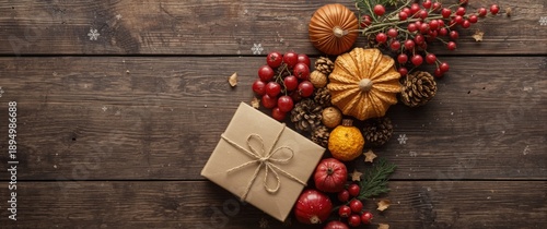 Holiday postcard design with dry fruits, craft paper, gift box, and handmade Christmas toys, top view on wooden desk