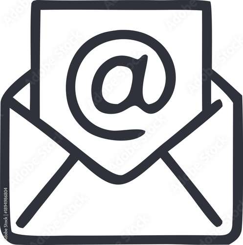 E-mail at Symbol: A simple, elegant illustration of an open envelope containing a sheet of paper with an at symbol, representing electronic communication and correspondence.