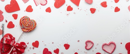 Background for Valentine's Day featuring red hearts and a lollipop on white surface