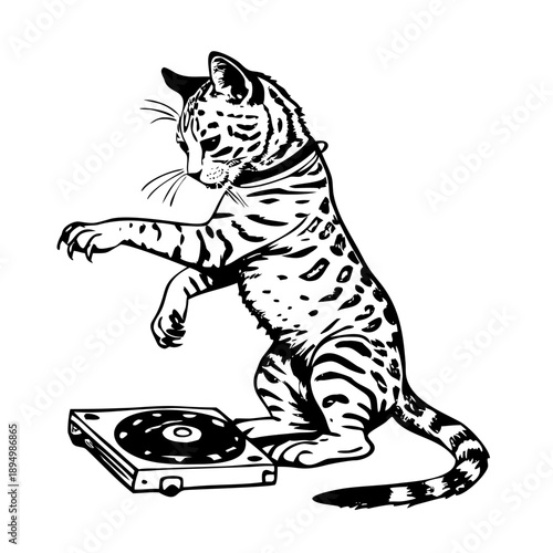 ChatGPT said:Vintage Hand-Drawn Bengal Cat DJ-ing Illustration – Feline Pet Engraved Style Vector for T-Shirts, Posters, Stickers, and Music Themes Apparel See Less