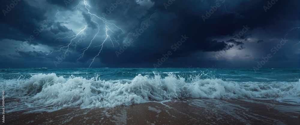 Fototapeta premium Stormy ocean waves hitting the sand beach during thunderstorm