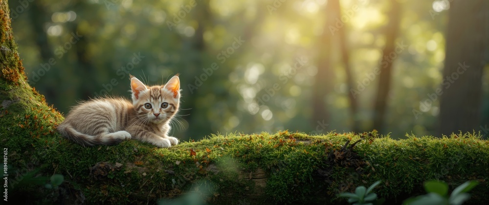 Fototapeta premium A close-up image of a cute kitten lying on a moss-covered tree branch