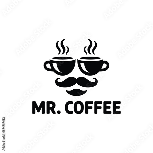 Black mr coffee logo with steaming cups and mustache