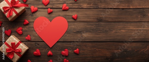 Wooden Valentine's Day backdrop featuring gifts, heart symbols, and textured paper, flat layout, wedding and love theme