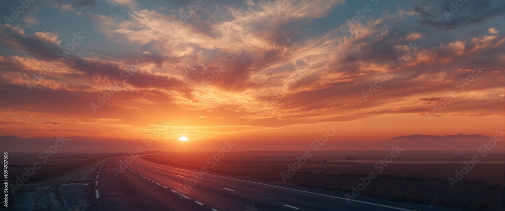 Fototapeta premium At dusk, sunrays pass over a road and extend to the horizon via clouds