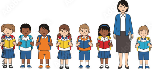Teacher and school children illustration, diverse students reading books together, classroom education concept, happy learning kids, colorful flat vector isolated