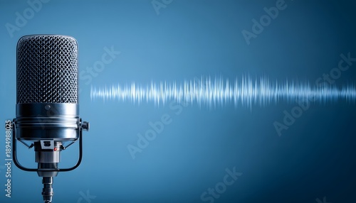 Studio microphone with sound waveform, representing audio recording and broadcast technology