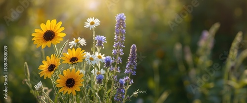Array of wild flowers with sunflower, chamomile, and cornflowers