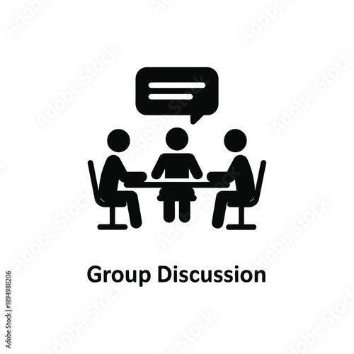 Simple black icon depicting three people seated at a table in discussion